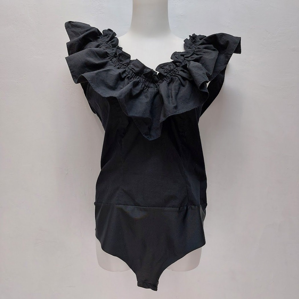 Zara Ruffle V-Neck Bodysuit Women's L Black Dramatic Romantic Coquette Gothic